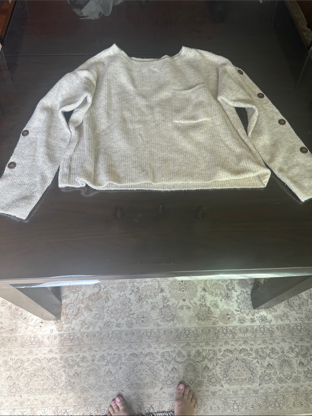 Button-Sleeve Crew Neck Sweater in Cream